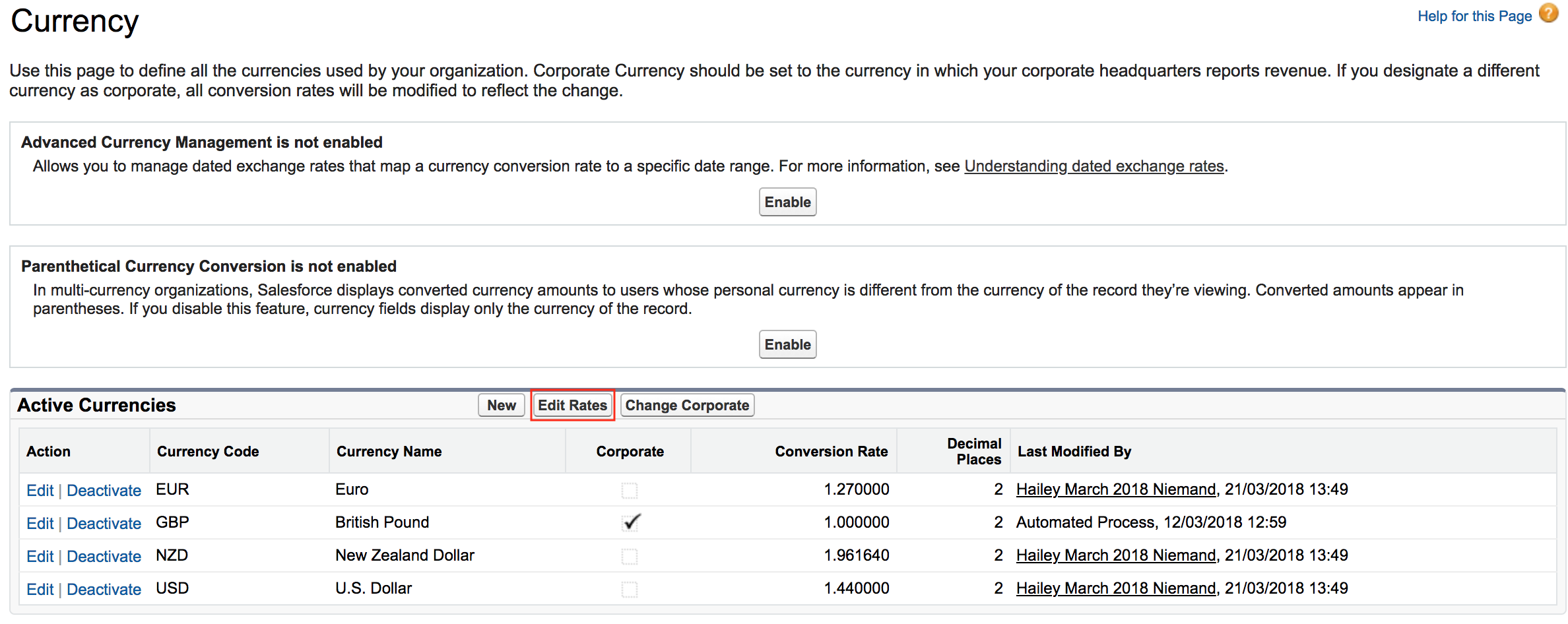 Set Kimble and Salesforce Exchange Rates